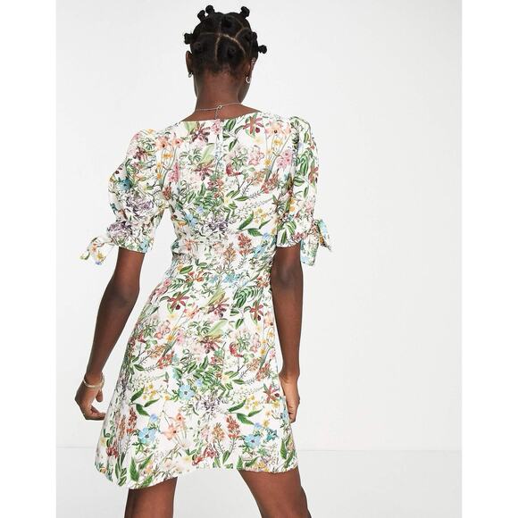 Dainty Floral Mini Dress linen floral Botanical Print Puff Sleeve 4 XS - Picture 4 of 16